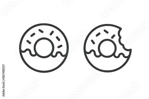 Minimalist line icons of two sweet glazed donuts, one whole and one partially eaten