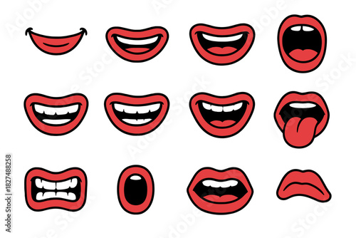 Cartoon mouth expressions set showing different emotions and lip movements