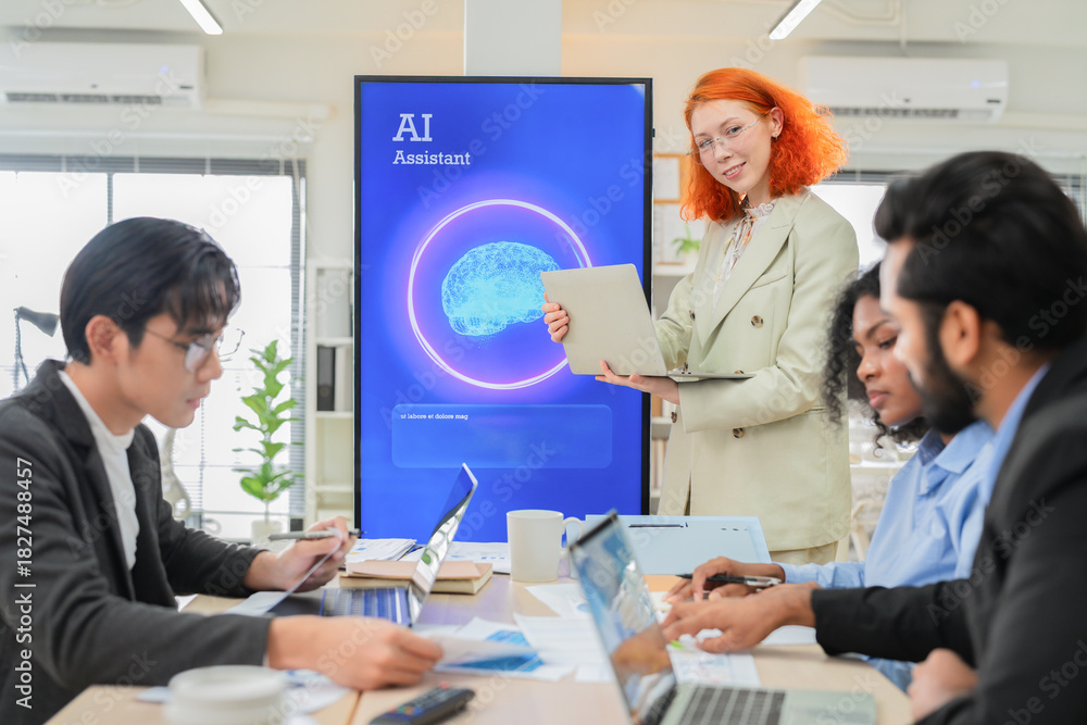 Fototapeta premium Multiethnic business professionals collaborate in modern office using AI virtual assistant and big data analytics to connect insights, driving strategic innovation through intelligent automation 