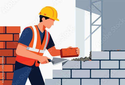 A construction worker lays bricks. The image depicts a man with a trowel, brick, and building blocks
