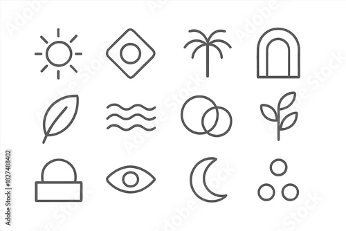 Minimalist line icons collection representing nature, weather, and abstract concepts