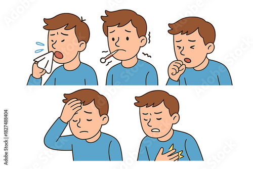 Five common symptoms of cold and flu illness: sneezing, fever, coughing, headache, and chest pain