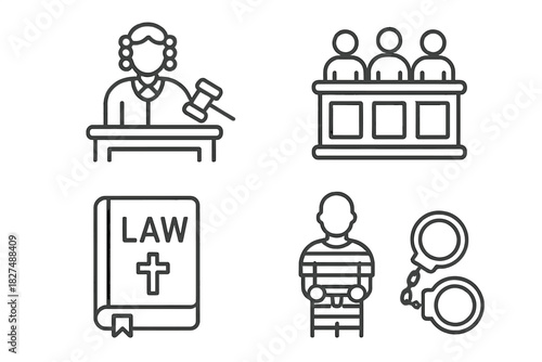 Judge, jury, law book, and prisoner representing the legal and justice system