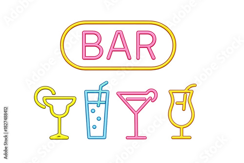 Retro neon light sign with BAR text and colorful glowing cocktail drink icons