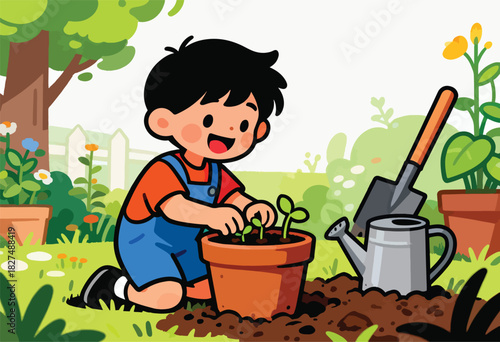 A smiling child in overalls tending to a plant pot in a garden, with tools around, cheerful scene