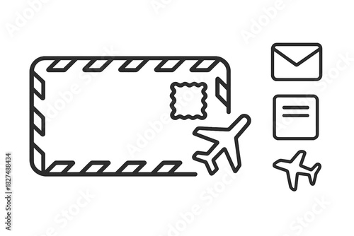 Airmail envelope postage stamp and flying airplane symbols for global delivery
