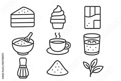 Minimalist outline symbols for desserts, hot drinks, cake, ice cream, coffee, and tea