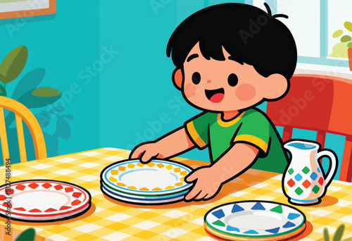An illustrated cartoon child prepares the table setting plates for mealtime in a room
