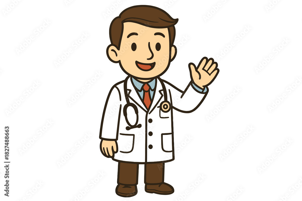 Fototapeta premium Cheerful medical professional in uniform greeting patients with a friendly hand wave