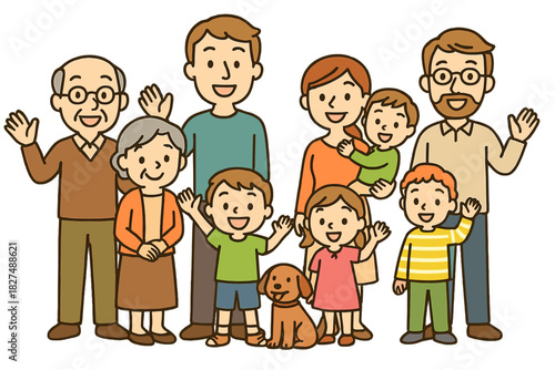 Large smiling family including grandparents, parents, and several children waving hands