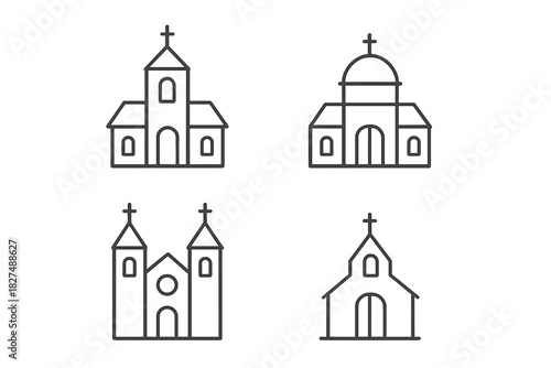 Minimalist outline symbols showing different architectural styles of churches and chapels