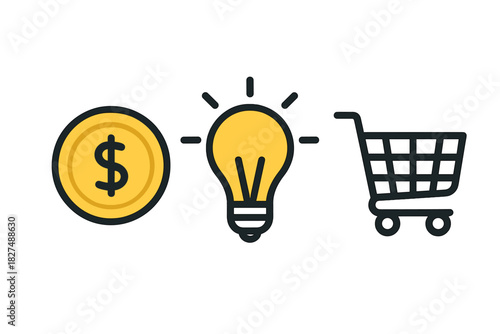 Conceptual icons illustrating the process of commerce, innovation, and consumerism