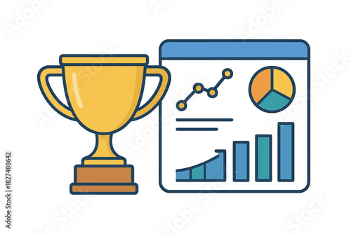 Achievement and winning concept with a shiny gold trophy and a screen displaying growth charts