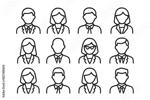 Twelve minimalist outline icons for corporate user profiles and team members