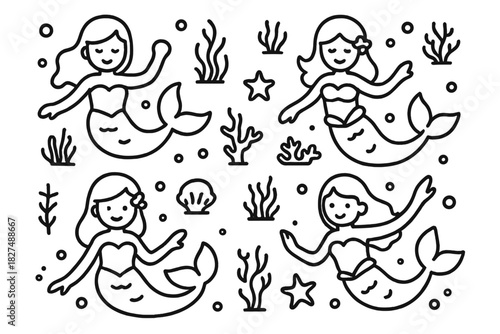 Seamless monochrome doodle pattern with mythical mermaids and ocean life elements