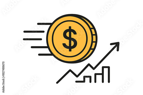 Fast moving dollar coin and rising market chart symbolizing rapid financial growth