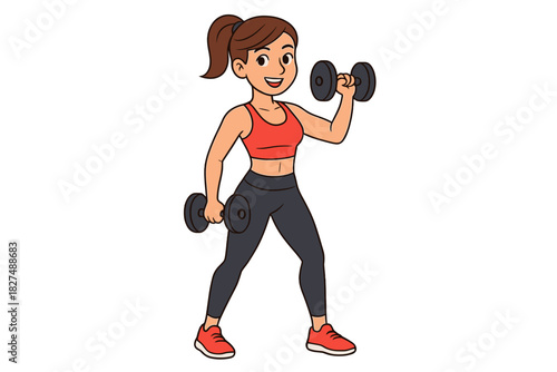 Happy woman performing bicep curls with dumbbells during strength training workout