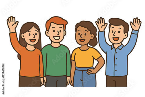 Diverse group of young adults standing together and happily waving hands in greeting