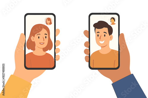 Two people video calling on smartphones held by hands communicating remotely online