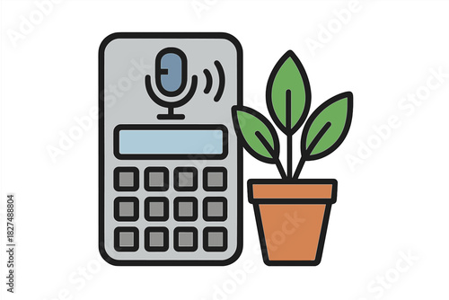 Smart digital assistant device next to a green houseplant in terracotta pot