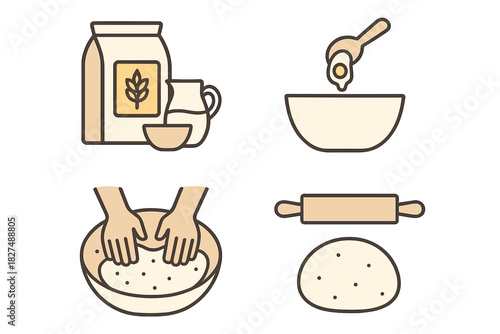 Essential steps for preparing dough: ingredients, mixing, kneading, and rolling process icons