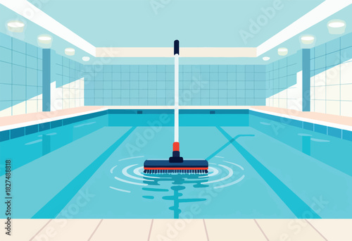 Cleaned pool interior with brush creating ripples in center. Pool is lined with blue tiles. Ceiling lights