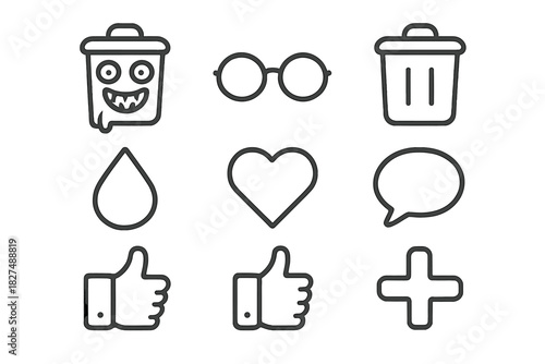 Essential user interface icons set with trash, heart, speech bubble, and plus sign symbols
