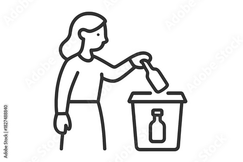Woman placing glass bottle into recycling bin for waste sorting and environmental protection