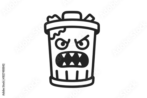 Angry cartoon trash can monster icon with sharp teeth and menacing eyes