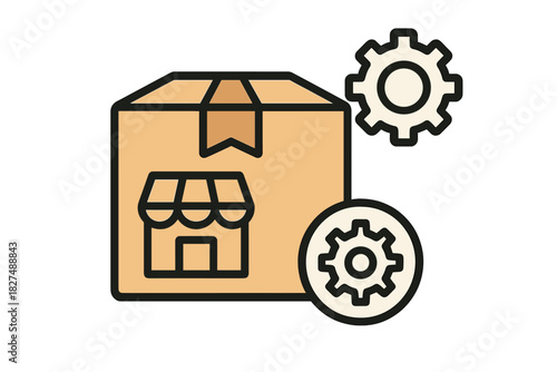 Shipping box and gear icons symbolizing e-commerce store management and logistics process