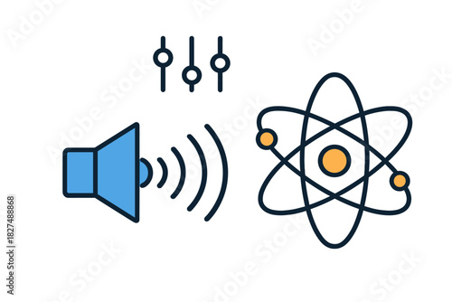 Audio volume control, sound waves, and atomic structure symbols for science and technology