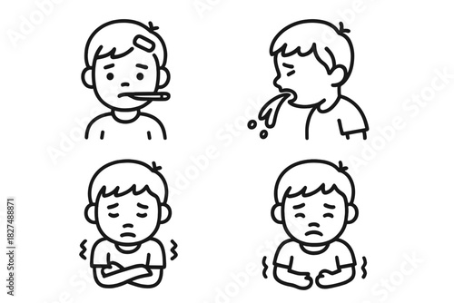 Sick person symptoms set: fever, nausea, vomiting, and shivering chills