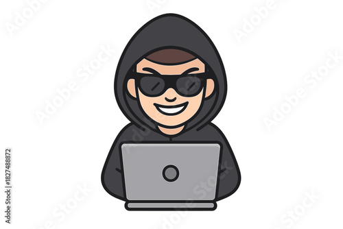 Smiling hacker character wearing a dark hoodie and sunglasses working on a laptop computer