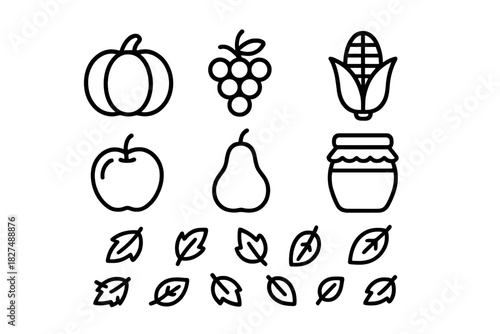 Collection of outline icons featuring seasonal autumn fruits, vegetables, and fall foliage