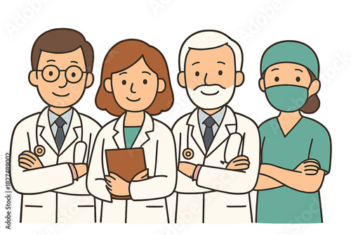 Confident team of doctors and healthcare workers standing together in uniform ready for duty