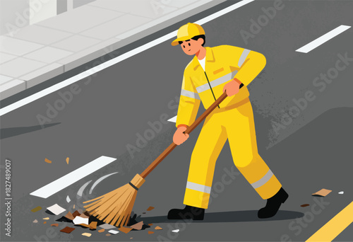 A city worker in yellow overalls sweeps debris off the street with a broom in an isometric view