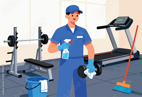 A gym cleaner in blue uniform sanitizes equipment, holding spray and wiping a dumbbell. A treadmill and bench press are visible