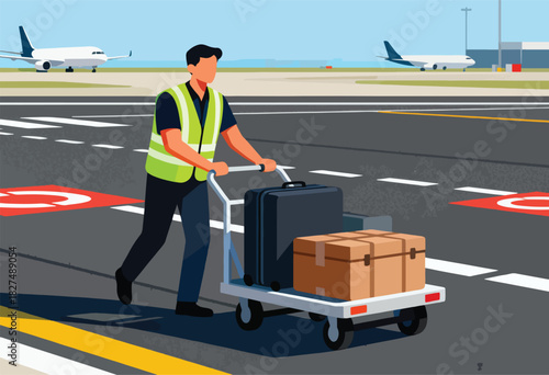 An illustration shows an airport worker pushing a luggage cart with suitcases and a box. Airplanes are in the background