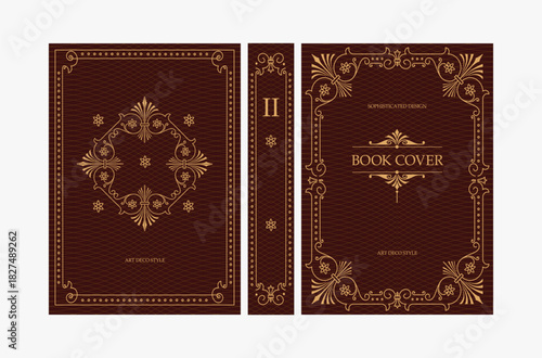 Classic vintage book cover and spine with gold and black art deco, art nouveau ornament, decorative frame, elegant retro style for classic publications, posters, artistic layouts