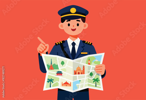 Illustration of a man in uniform holding a map, pointing upwards, against a red backdrop
