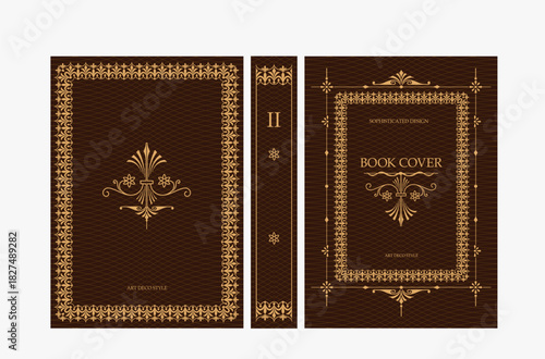 Classic vintage book cover and spine with gold and black art deco, art nouveau ornament, decorative frame, elegant retro style for classic publications, posters, artistic layouts