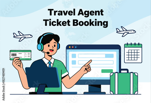 Vector illustration of a travel agent assisting a customer with ticket booking, featuring planes, a calendar, and luggage