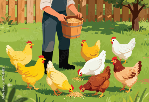 A person in work clothes feeds a flock of chickens. Grass, wooden fence, tree complete the rustic scene