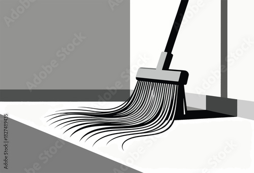 Vector art of a broom angled across a two-tone floor, casting a shadow against gray walls