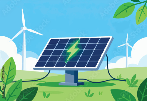 A solar panel with a lightning symbol generates electricity, alongside wind turbines and greenery in a stylized, bright illustration