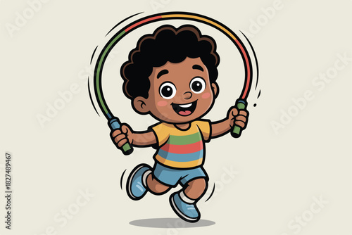 A cheerful cartoon child with dark skin jumps rope, expressing joy. The artwork is vibrant with simple shapes