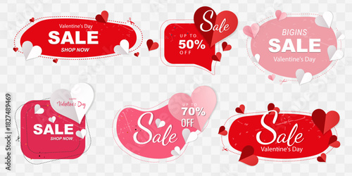 A set of vector banners and stickers for Valentine's Day: pink and red elements, hearts, SALE inscriptions, discount labels, and ready-made templates for advertising, social media, and storefronts. 