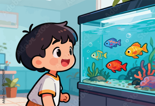 A cheerful cartoon child smiles at a brightly-colored aquarium filled with fish. Underwater plants and decor