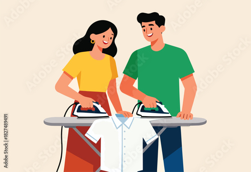 A smiling couple, in a flat illustration, irons a white shirt. They stand over the ironing board