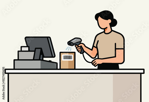 An illustration depicting a cashier scanning a barcode on a box with a scanner at a checkout counter